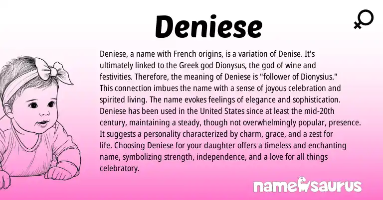 Infographic about Deniese name meaning, Deniese is a name from Greek, French origin(s).