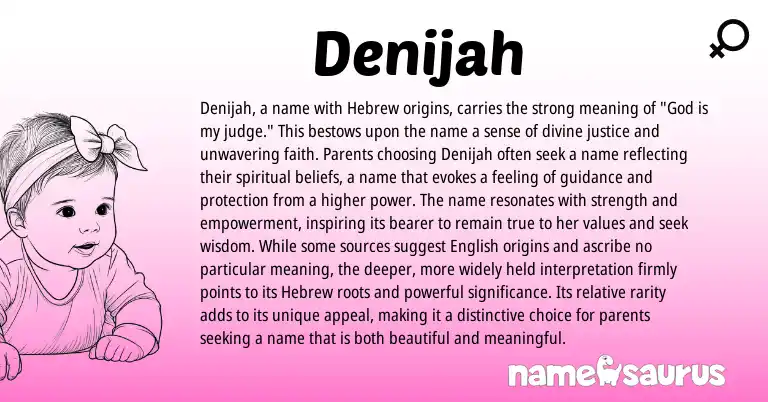 Infographic about Denijah name meaning, Denijah is a name from Hebrew origin(s).