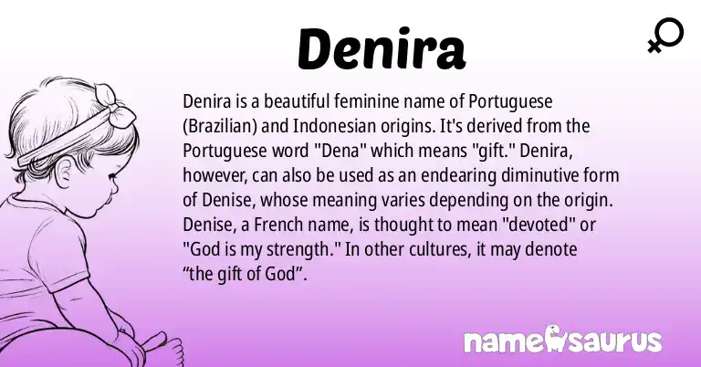 Infographic about Denira name meaning, Denira is a name from Portuguese (Brazilian), Indonesian origin(s).