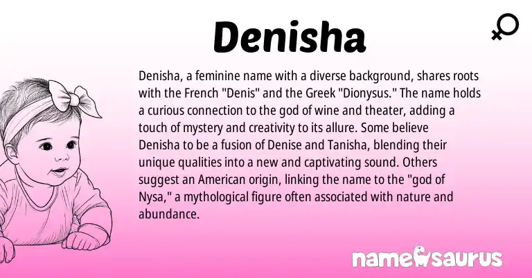 Infographic about Denisha name meaning, Denisha is a name from French, American, Greek origin(s).