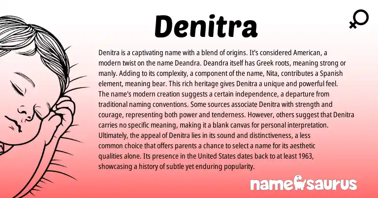 Infographic about Denitra name meaning, Denitra is a name from Greek, Spanish, American origin(s).