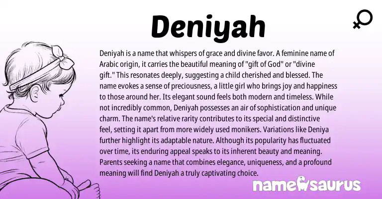 Infographic about Deniyah name meaning, Deniyah is a name from Arabic origin(s).