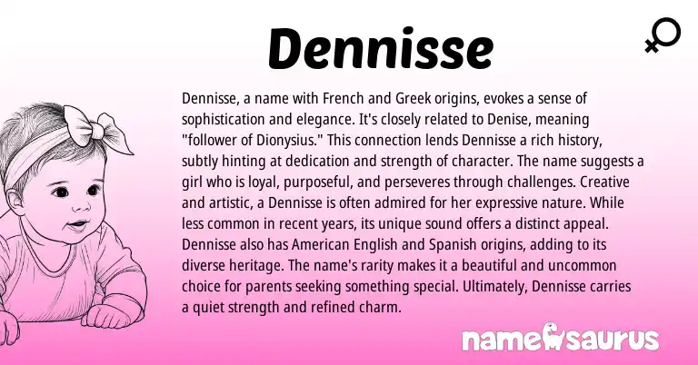 Infographic about Dennisse name meaning, Dennisse is a name from Greek, French origin(s).