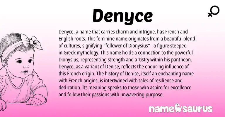 Infographic about Denyce name meaning, Denyce is a name from English, French origin(s).