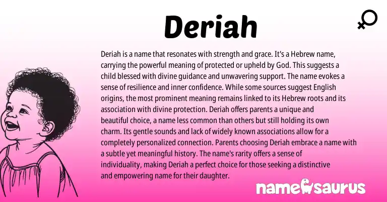 Infographic about Deriah name meaning, Deriah is a name from Hebrew, American origin(s).