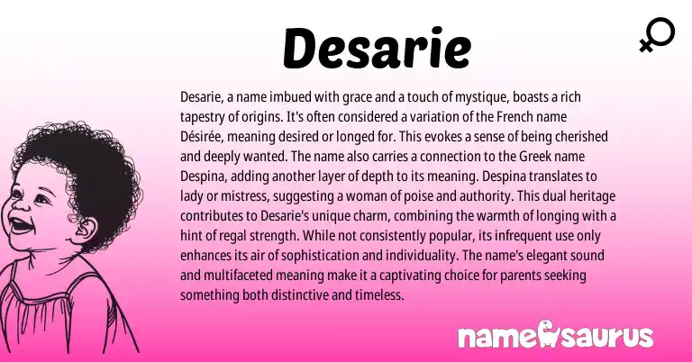 Infographic about Desarie name meaning, Desarie is a name from Greek, French, American origin(s).