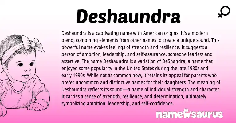 Infographic about Deshaundra name meaning, Deshaundra is a name from American origin(s).