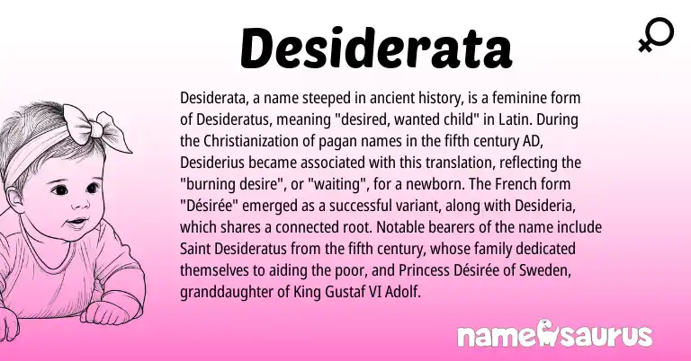 Infographic about Desiderata name meaning, Desiderata is a name from French, Latin origin(s).