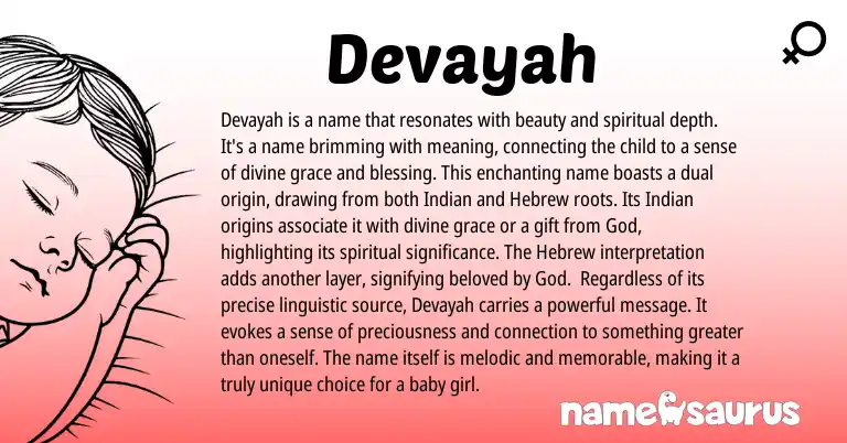 Infographic about Devayah name meaning, Devayah is a name from Hebrew, Indian origin(s).