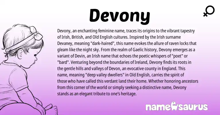 Infographic about Devony name meaning, Devony is a name from Irish, British, Ireland, England, Gaelic, Old English origin(s).