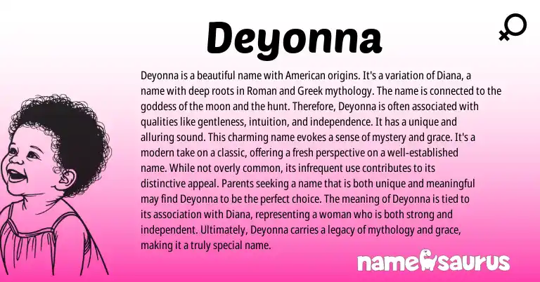 Infographic about Deyonna name meaning, Deyonna is a name from Greek, English, Roman, American origin(s).