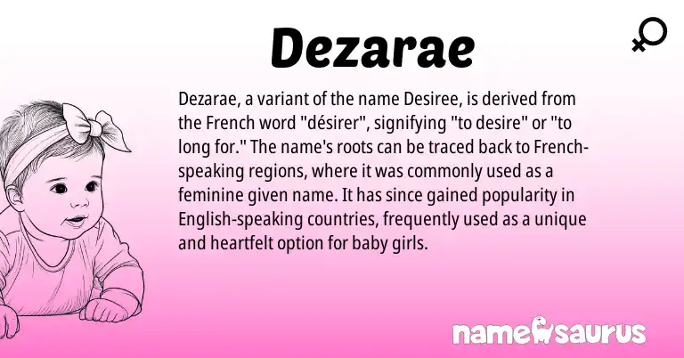Infographic about Dezarae name meaning, Dezarae is a name from English, French origin(s).
