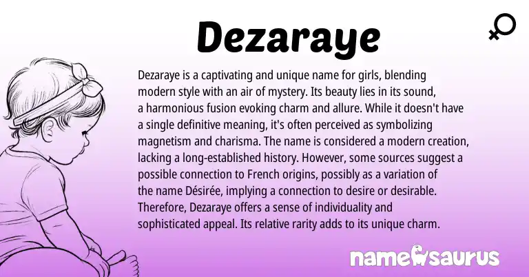 Infographic about Dezaraye name meaning, Dezaraye is a name from American origin(s).