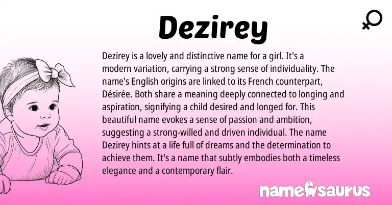 Infographic about Dezirey name meaning, Dezirey is a name from English origin(s).