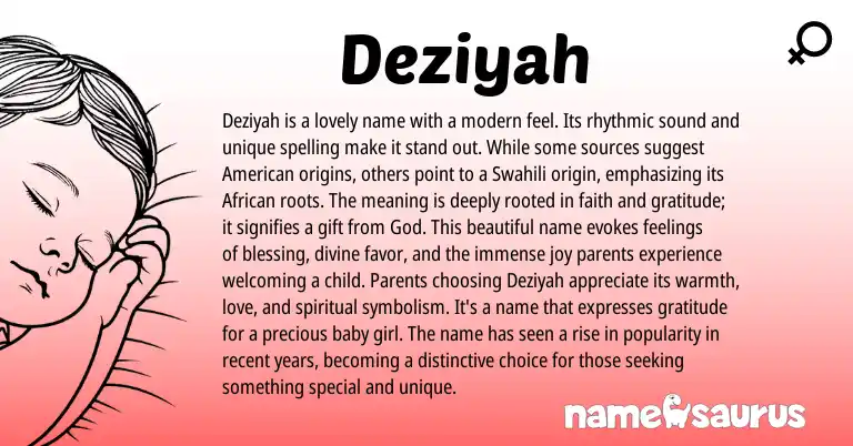 Infographic about Deziyah name meaning, Deziyah is a name from African, Swahili origin(s).