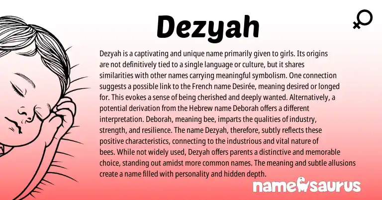 Infographic about Dezyah name meaning, Dezyah is a name from French origin(s).