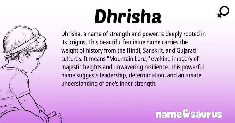 Infographic about Dhrisha name meaning, Dhrisha is a name from Hindi, Sanskrit, Gujarati origin(s).