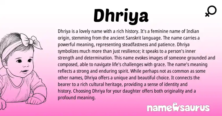 Infographic about Dhriya name meaning, Dhriya is a name from Indian, Sanskrit origin(s).