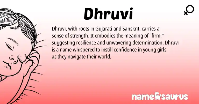 Infographic about Dhruvi name meaning, Dhruvi is a name from Gujarati, Sanskrit origin(s).