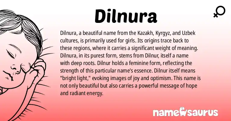 Infographic about Dilnura name meaning, Dilnura is a name from Kazakh, Kyrgyz, Uzbek origin(s).