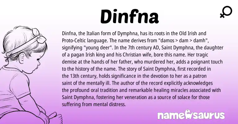 Infographic about Dinfna name meaning, Dinfna is a name from Irish, Proto-Celtic, Old Irish, Italian origin(s).