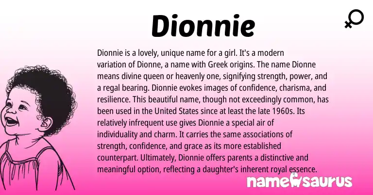 Infographic about Dionnie name meaning, Dionnie is a name from Greek origin(s).