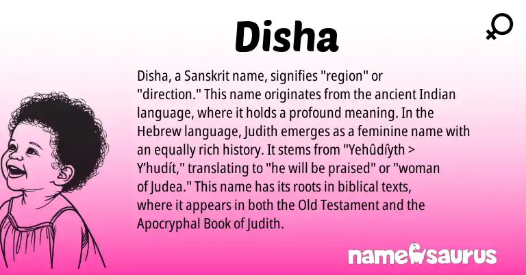 Infographic about Disha name meaning, Disha is a name from Sanskrit, Indian, Hebrew origin(s).
