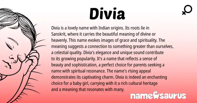 Infographic about Divia name meaning, Divia is a name from Indian, Sanskrit origin(s).