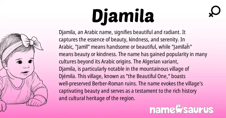 Infographic about Djamila name meaning, Djamila is a name from Berber, Roman, Arabic origin(s).