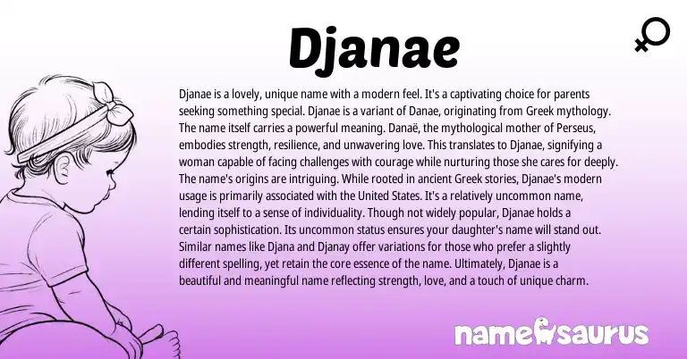 Infographic about Djanae name meaning, Djanae is a name from Greek, American origin(s).