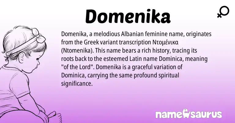 Infographic about Domenika name meaning, Domenika is a name from Albanian, Latin, Greek origin(s).