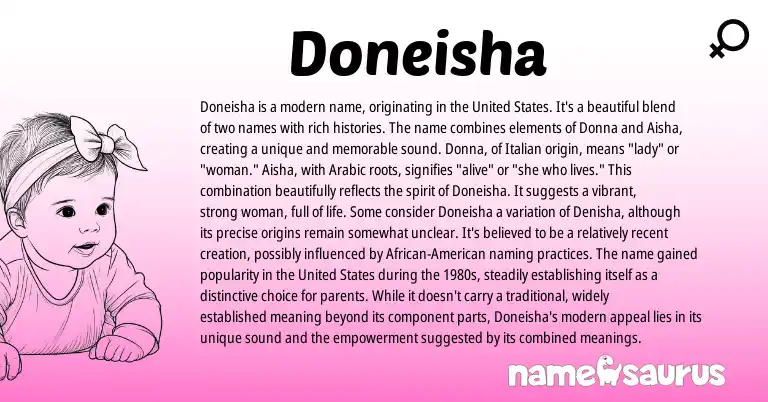 Infographic about Doneisha name meaning, Doneisha is a name from Italian, Arabic, American origin(s).