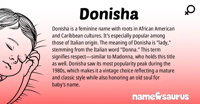 Infographic about Donisha name meaning, Donisha is a name from African American, Caribbean, Jamaican Patois, Italian origin(s).