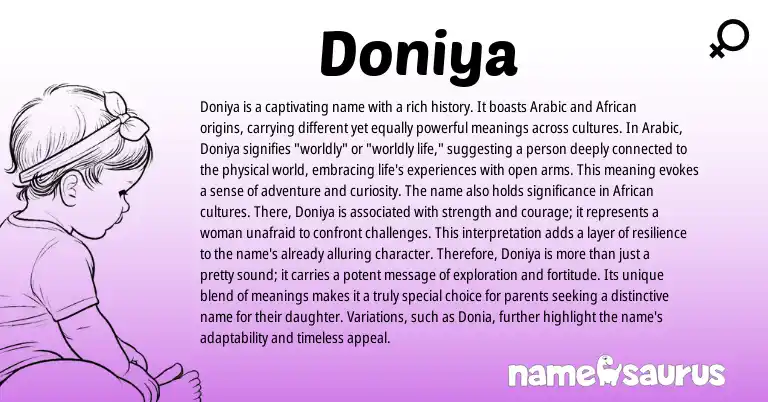 Infographic about Doniya name meaning, Doniya is a name from African, Arabic origin(s).