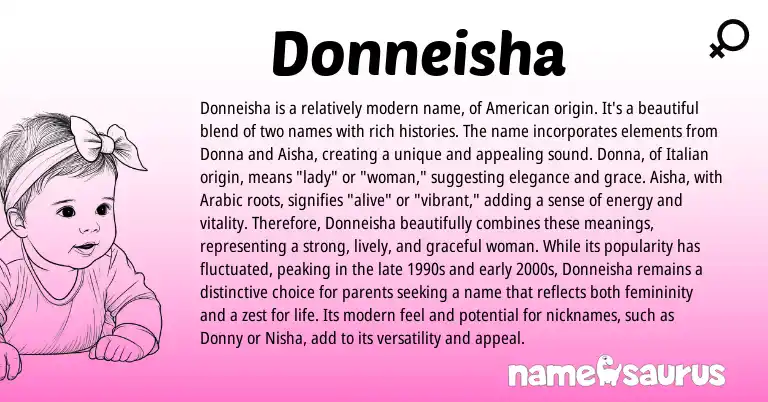 Infographic about Donneisha name meaning, Donneisha is a name from American, Italian, Arabic origin(s).