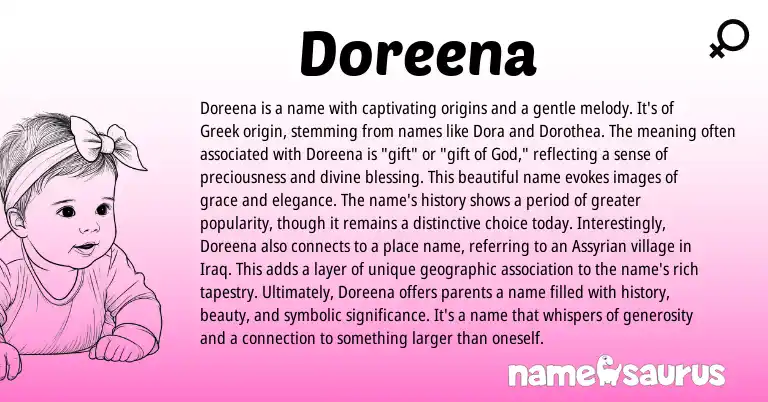 Infographic about Doreena name meaning, Doreena is a name from Assyrian, English, Greek origin(s).