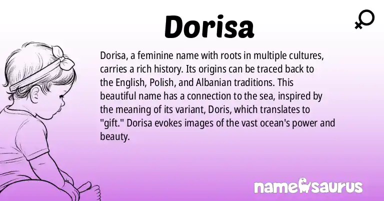 Infographic about Dorisa name meaning, Dorisa is a name from English, Polish, Albanian, Portuguese origin(s).