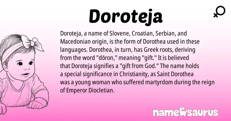Infographic about Doroteja name meaning, Doroteja is a name from Christianity, Croatian, Macedonian, Greek, Serbian, Slovene origin(s).