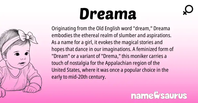 Infographic about Dreama name meaning, Dreama is a name from Old English, United States origin(s).