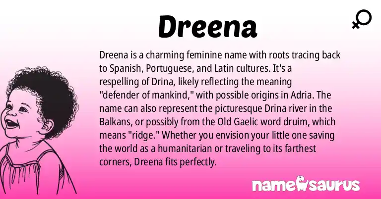 Infographic about Dreena name meaning, Dreena is a name from Spanish, Gaelic, Latin, Portuguese origin(s).