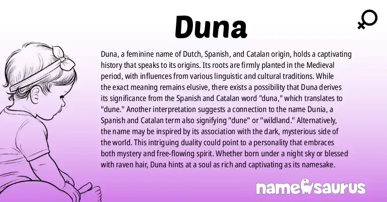 Infographic about Duna name meaning, Duna is a name from Medieval Dutch, Spanish, Catalan, Irish origin(s).