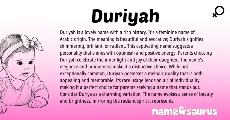 Infographic about Duriyah name meaning, Duriyah is a name from Arabic origin(s).