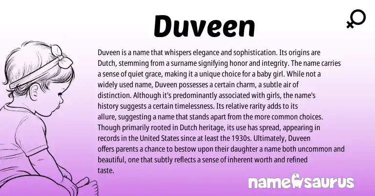 Infographic about Duveen name meaning, Duveen is a name from English, Dutch origin(s).