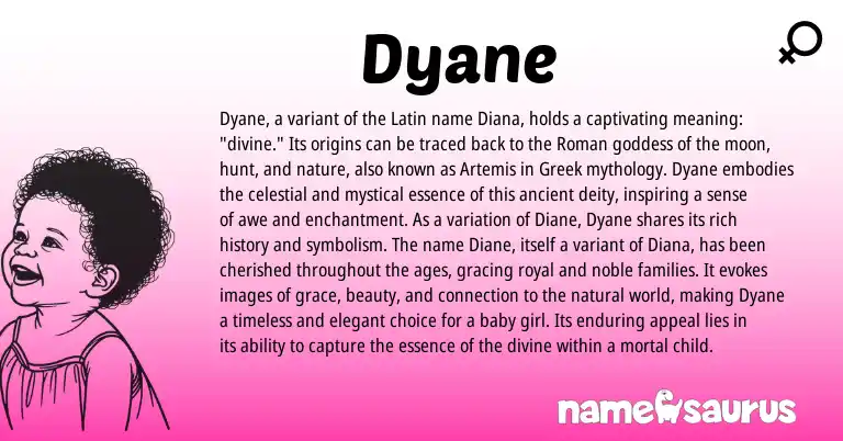 Infographic about Dyane name meaning, Dyane is a name from Roman, Latin, Greek origin(s).