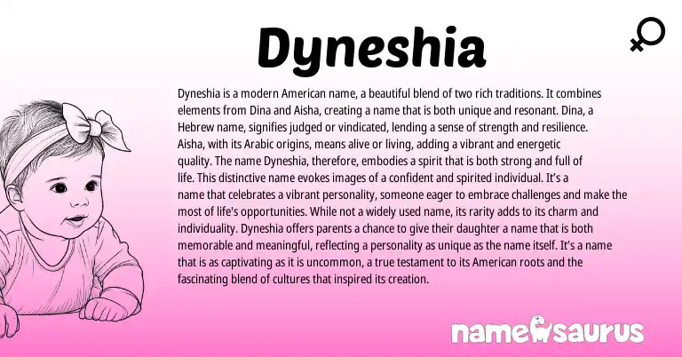 Infographic about Dyneshia name meaning, Dyneshia is a name from American, Hebrew, Arabic origin(s).
