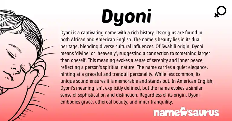 Infographic about Dyoni name meaning, Dyoni is a name from African, Swahili origin(s).