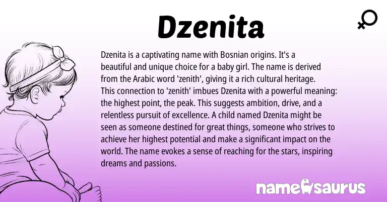 Infographic about Dzenita name meaning, Dzenita is a name from Bosnian, Arabic origin(s).