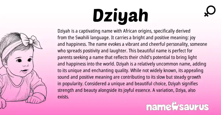 Infographic about Dziyah name meaning, Dziyah is a name from African, Swahili origin(s).