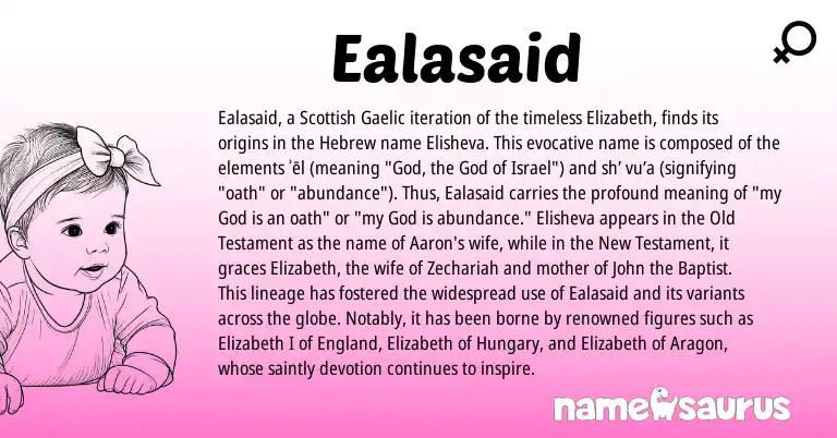 Infographic about Ealasaid name meaning, Ealasaid is a name from Gaelic, Scottish, Hebrew, England origin(s).