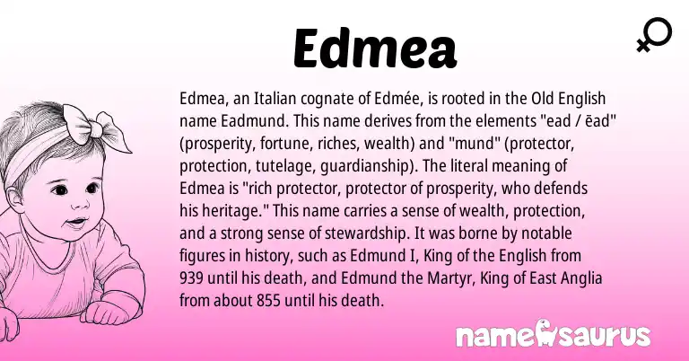 Infographic about Edmea name meaning, Edmea is a name from Old English, English, Italian origin(s).